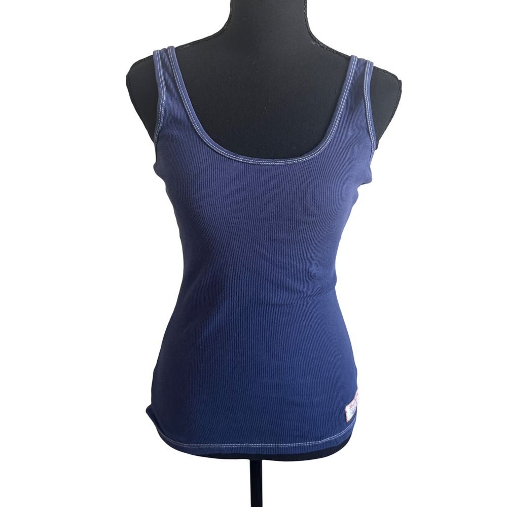 True Religion Womens Y2K Navy Ribbed Tank Top Small Elena Gilbert Layering